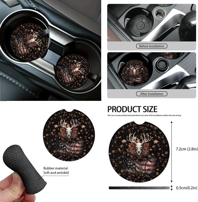 Deer American Flag Maple Leaf Pattern 13 Pieces Car Accessories Set, Non Slip Car Front and Rear Seat Cover Pack of 4, 1 PCS Steering Wheel Cover, 4 PCS Seat Belt Cover Pad,4 PCS Cup Coasters
