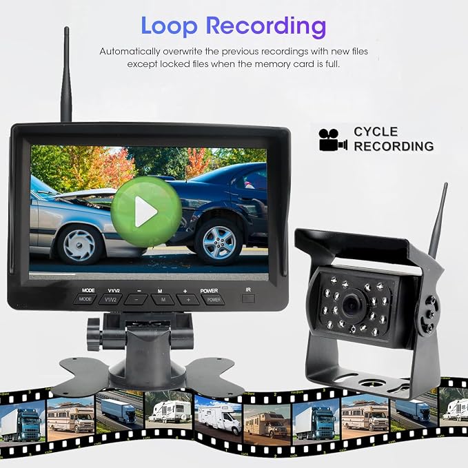 Vehicle 720P Digital Wireless Backup Camera System 1024X600 7-inch AHD IPS Monitor DVR Loop Recorder+IP69K Waterproof IR Wireless Reversing Camera Dash Camera for Truck Bus RV Trailer Car
