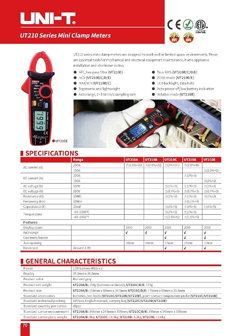 UNI-T UT210B Mini Clamp Meter - TRMS True RMS Measurement, NCV Non-Contact Voltage Detection, AC/DC Current (2-200A)/Voltage/Resistance Tester, Auto Range, Overload Protection, CE & US-Canada Certifie