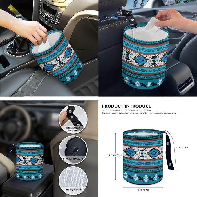 Blue Tribal Horse Car Seat Covers Set of 15 with Universal Steering Wheel Cover, Rearview Mirror Cover, Car Trash Can, Seatbelt Pads, Cup Holder Coasters, Keychains