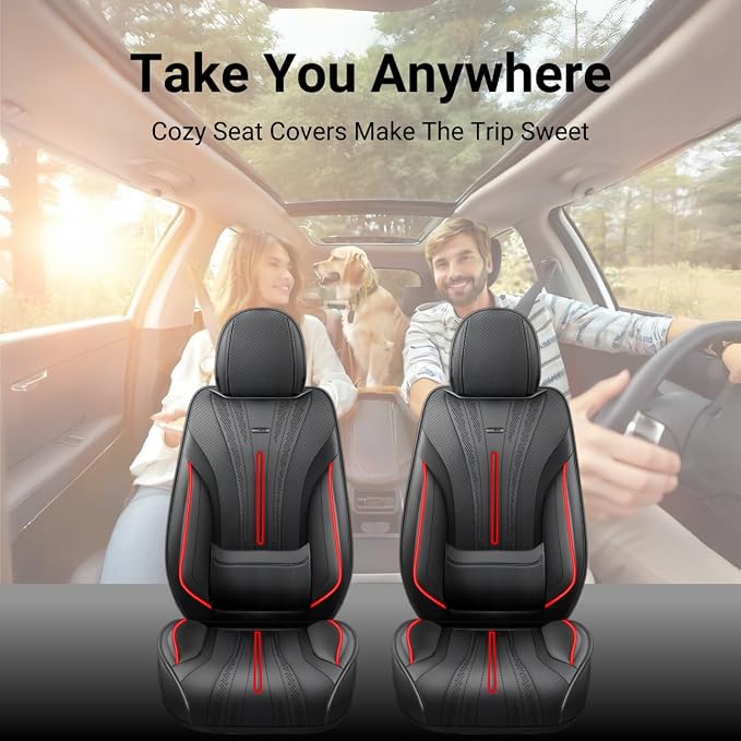 Fit XT6 Car Seat Covers (Front Pair) for Select Cadillac XT6 2020-2025 - Premium Full Coverage Leather, Airbag Compatible & Scratch-Resistant, Waterproof & All Weather Seat Protector, Red Trim