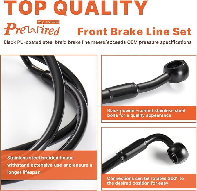 Front Dual Disc Brake Line 16" Handlebars +6" Extension Brake Cable NO ABS for Harley 2014-2023 Touring Road King/Road Glide/Street Glide/Electra Glide Models Stainless Steel Braided, Black