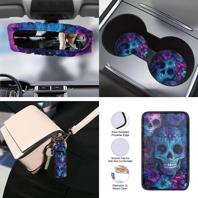 Skull Print Car Seat Cover Full Set with Floral Printed Car Accessories Set Included Car Steering Wheel Cover Seat Belt Protector Armrest Pad Cover Auto Rear View Mirror Protector