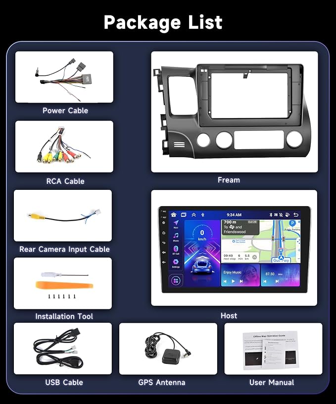 8 Core 4G+64G Car Radio Stereo for Honda Civic 2006-2011 with 10.1" 1280 * 720 IPS Touch Screen/DSP 32EQ/Wireless CarPlay/Android Auto/BT 5.0/GPS/FM/RDS/WiFi/5G LET/MirrorLink/Backup Camera