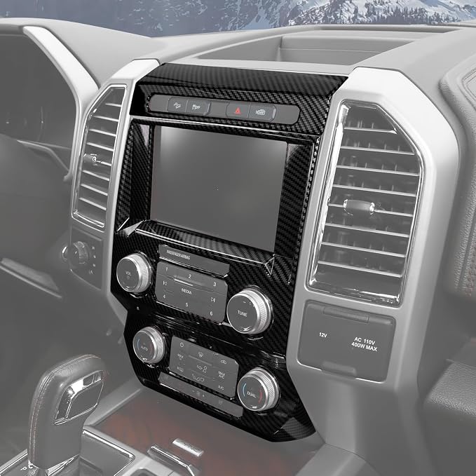 CheroCar Black Carbon Fiber Central Control Navigation & Emergency Light Control Panel Trim Cover Kit Fit for Ford F150 2015-2020 Hazard Light Switch & GPS Screen Surround Decorative Bezels
