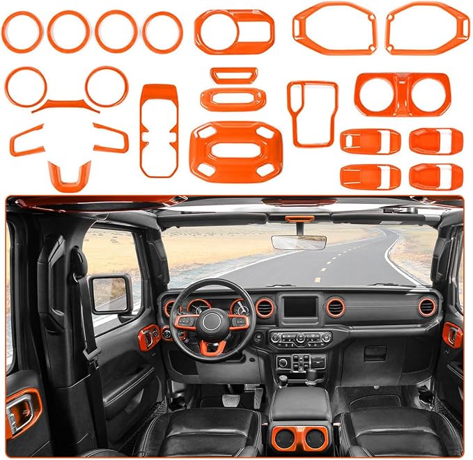 RT-TCZ for Wrangler JL Orange Interior Trim Kit for Jeep Wrangler JL JLU 2018-2023 for Gladiator JT 2020-2023 Orange Interior Accessories 23pcs