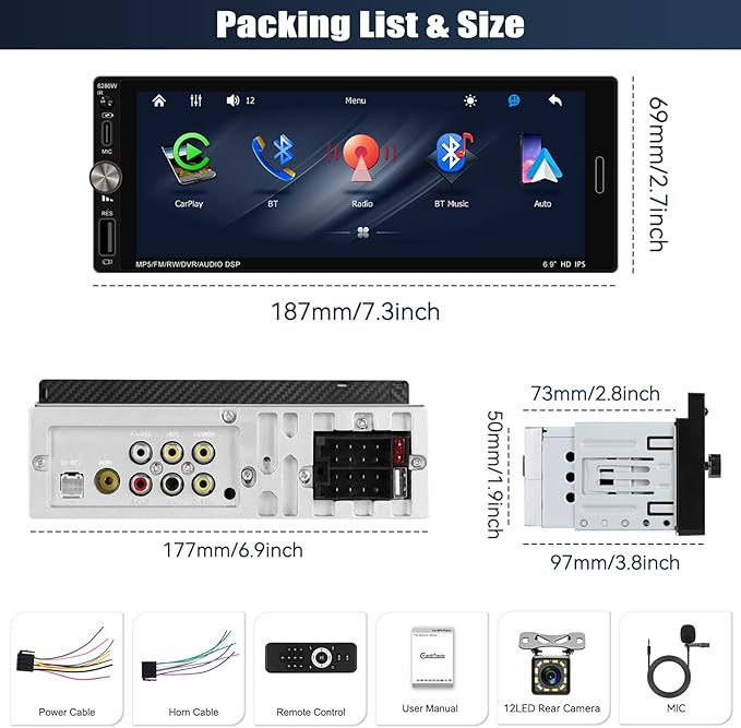 Single Din Touchscreen Car Stereo with Wireless Carplay&Android Auto,6.9 Inch Car Radio MP5 Player with Bluetooth FM Radio EQ Car Audio with USB/Type-C SWC+Backup Camera+Microphone