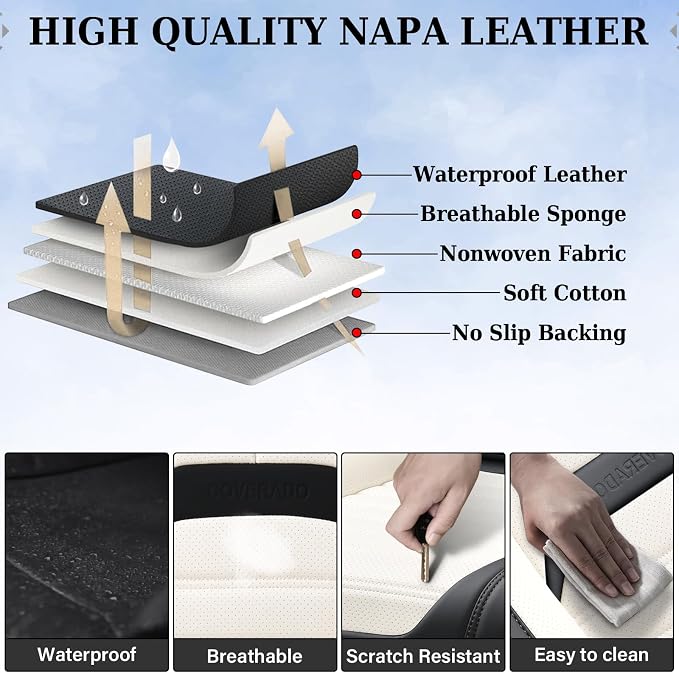 Coverado Waterproof Nappa Leather Car Seat Covers, Automotive Seat Covers,Front Car Seat Cushion & Car Seat Protector, Seat Covers Universal Fit for Most Cars, SUVs,Trucks,Black&White