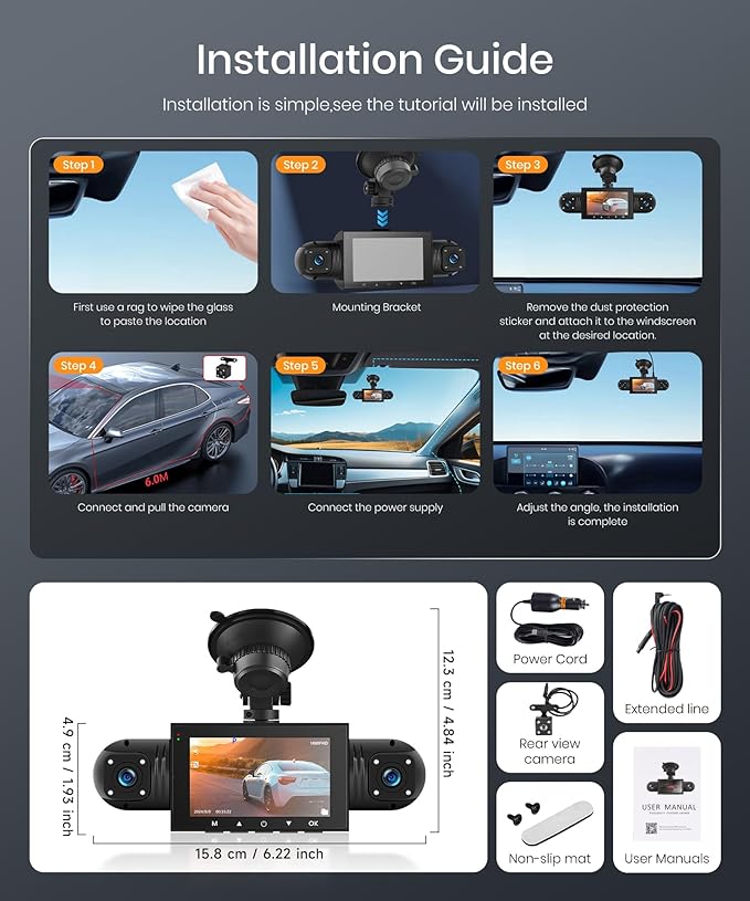 Rimoody 4-Channel 360° Dash Cam, 1080P Full HD Car DVR with Front/Rear/Inside/Side Cameras, WiFi App Control, Night Vision, G-Sensor, Loop Recording, 24H Parking Monitor, 3 Inch Display