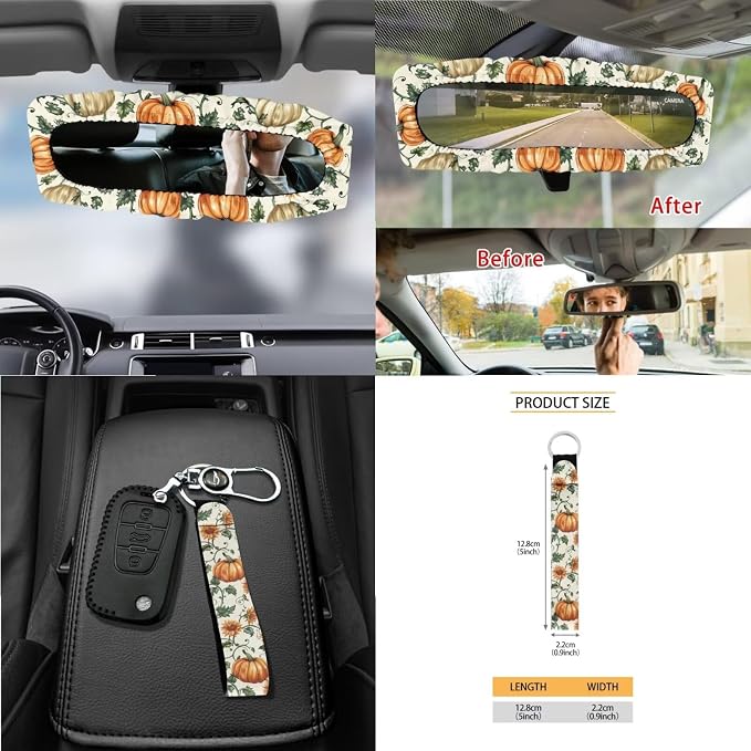 Pumpkin Sunflower Print Full Set Car Seat Cover, Steering Wheel Cover, Seat Belt Pad, Trash Can, Keychain, Coasters, 15pcs Car Interior Thanksgiving Decoration