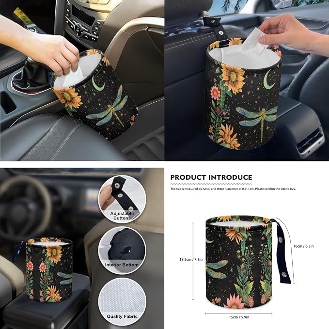 15 Pcs Moon Floral Dragonfly Car Seat Cover Full Set for Women with Car Steering Wheel Cover Seat Belt Cover Trash Bin Front Rear View Mirror Car Cup Holder Keychain