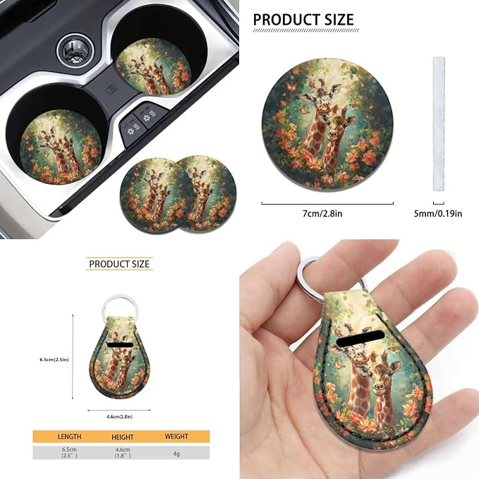 Suobstales Giraffe Butterfly Flower Print Car Accessories for Women Seat Covers Set with Universal Steering Wheel Cover Seatbelt Pads, Cup Holder Coasters, Keychain Fits SUV Trunk Sedan