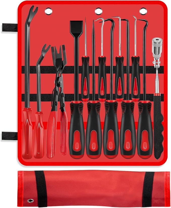 Doaho 13 Pcs Automotive Pick Set and Hook Tool Kit with Auto Gasket Scraper Clip Removal Plier Rivets Puller Telescoping Magnetic Pickup Gasket Scraper for Automotive Repair