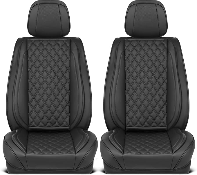 MotorBox Elite Edition Faux Leather Seat Covers for Cars, Trucks, & SUV - 2 Black Car Seat Covers for Front Seats - Universal Fit Car Accessories Automotive Interior Cover Protector for Most Vehicles