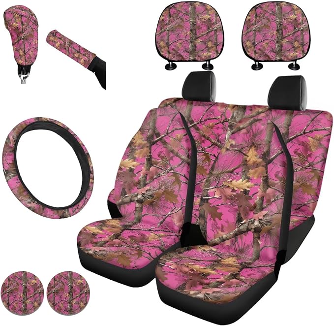 KEIAHUAN Pink Camo Hunting Car Seat Cover Full Set 11 Pieces Front & Back Seat Covers with Handbrake and Gear Shift Knob Cover, Headrest Cover, Coasters, Non-Slip Car Steering Wheel Cover, Coasters