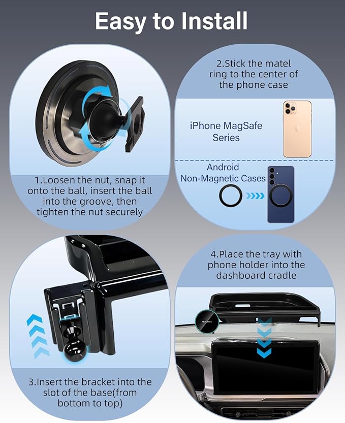 Dash Tray with Phone Holder for 2025 Ford Bronco Sport Dashboard Storage Console Organizer Accessories 13.2-Inch Screen, Magnetic Phone Holder for MagSafe, Magnets Wireless Charger Cell Phone Base