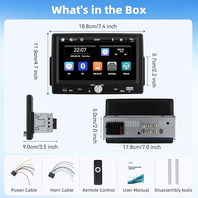 7 Inch Single Din HD Touchscreen Car Stereo CarPlay Android Auto, 1 Din Android Car Stereo with Bluetooth 5.0, Mirror Link, FM, Steering Wheel Control, EQ, USB/Type-C, Supports Reversing Camera