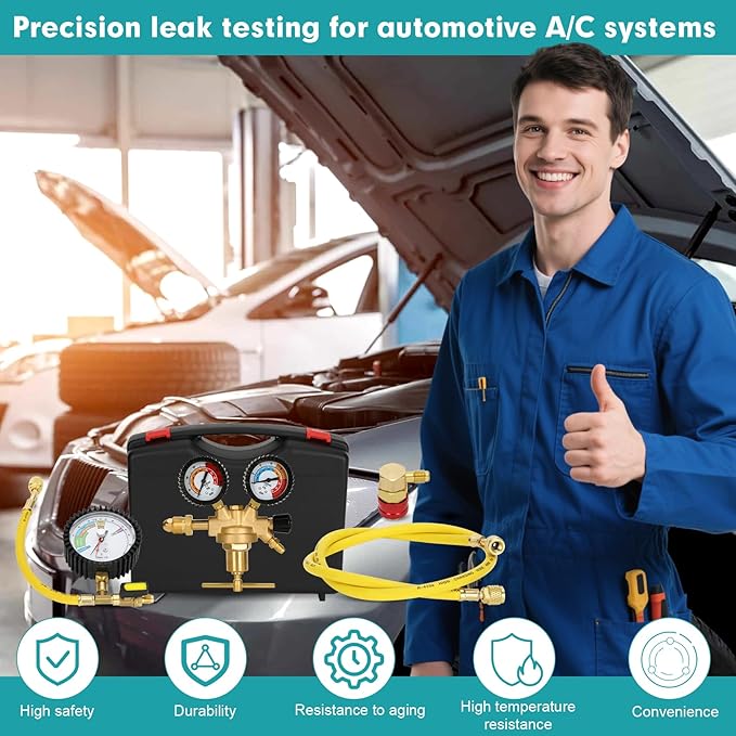 Drkerr 53010 Automotive HVAC Pressure Tester Kit, Nitrogen Pressure Regulator, Charging Hose, Leak Detection Adapter, R134a Connector, Custom Molded Plastic Boxes, Professional-Pressure Testing Tools