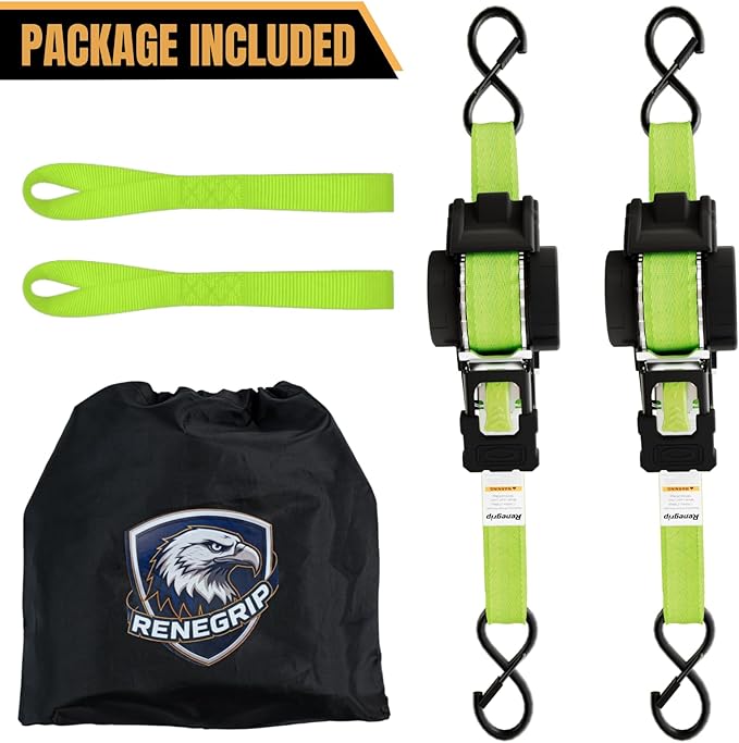 Retractable Ratchet Straps Heavy Duty Tie Down 1''*12ft Breaking Strength 1760LBS Cargo Securing System,for Motorcycle,Jetski,Kayak(2 Pack, Neon Green)