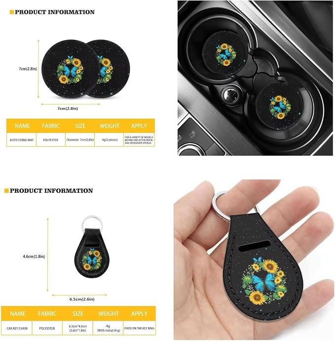 Suobstales 11 Pieces Car Accessories Set Sunflower Butterfly Seat Cover for Car, Universal Steering Wheel Cover +Seat Belt Pads+Cup Holder Coasters+Auto Keychains for Women Girly