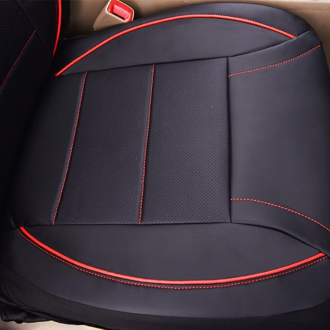 CAR PASS 3 Row Car Seat Covers, Piping Leather Seat Cover with 7 Headrests, Universal Fit Seat Cover Set for Cars Trucks SUV Van Airbag Compatible,7 Passenger Seat Covers Full Set (Black and Red)