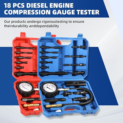 Yonligonju 17pc Diesel Engine Compression Tester Kit, Diesel Compression Tester Cylinder Pressure Gauge for Diesel Cars and Trucks(Blue)