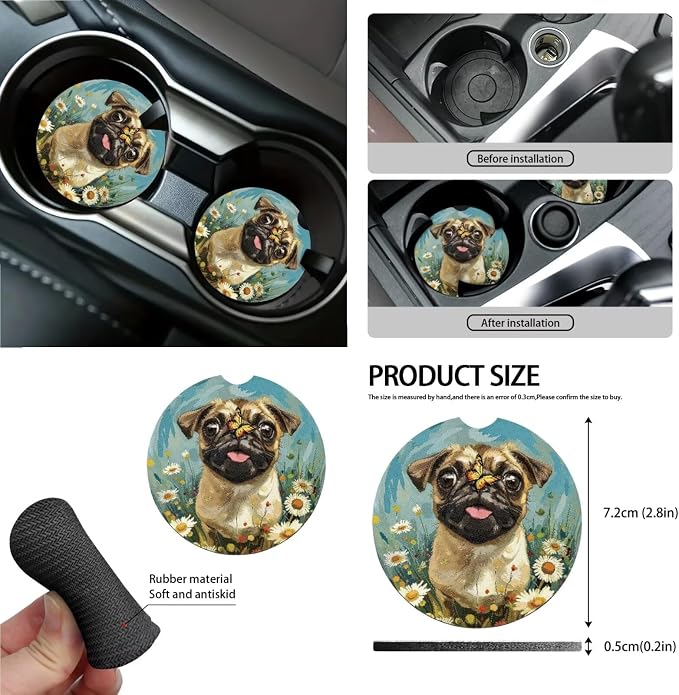 Pug Dog Butterfly Daisy Print Car Accessories Pack of 13, 4 Pieces Auto Front and Back Seat Covers + 4 Pieces Seat Belt Cover Pad + 1 Piece Steering Wheel Cover + 4 Pieces Cup Coasters