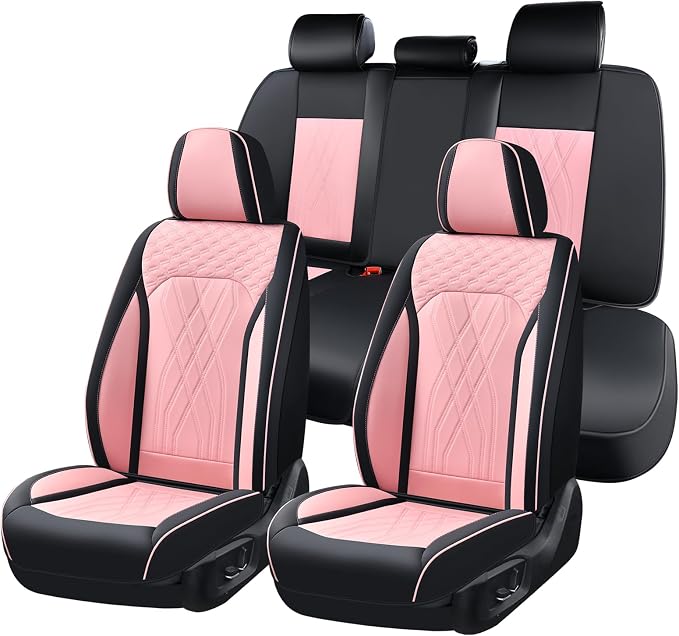 FLORICH Automotive Seat Covers Leather Pink Seat Covers for Cars Front Seats Waterproof Breathable Car Seat Cushion Comfort Interior Covers Universal Fit for Most Car Truck SUV Driving, Black&Pink