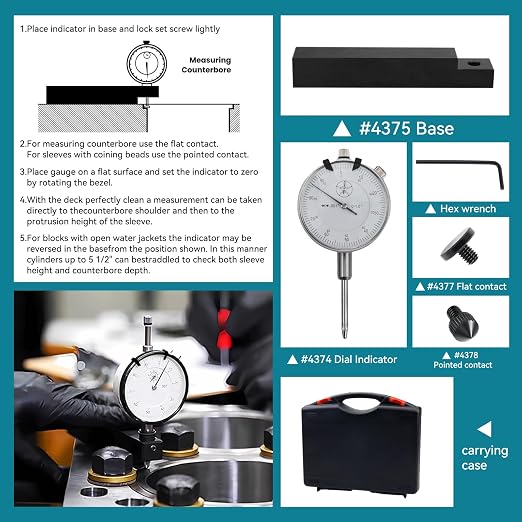 6434 Sleeve Height and Counter Bore Gauge for All Diesel Engines Cylinder Bore Gauge Range 0-1.00", Graduation 0.001", Reading 0-100