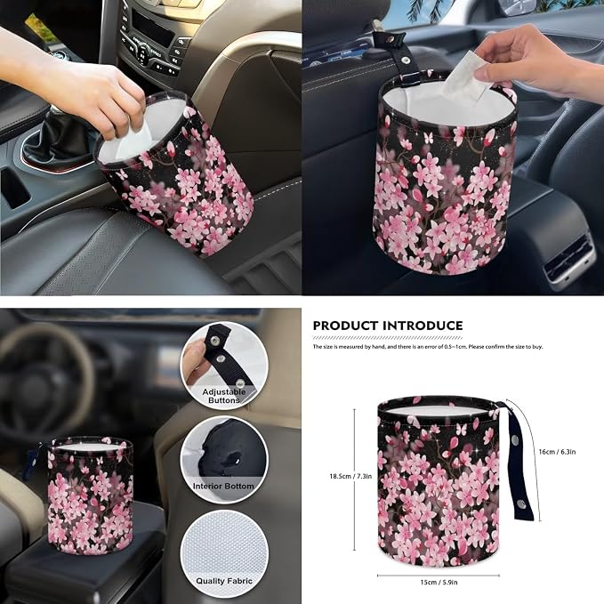 15 Pcs Cherry Blossoms Car Seat Cover Full Set for Women with Car Steering Wheel Cover Seat Belt Cover Trash Bin Front Rear View Mirror Car Cup Holder Keychain