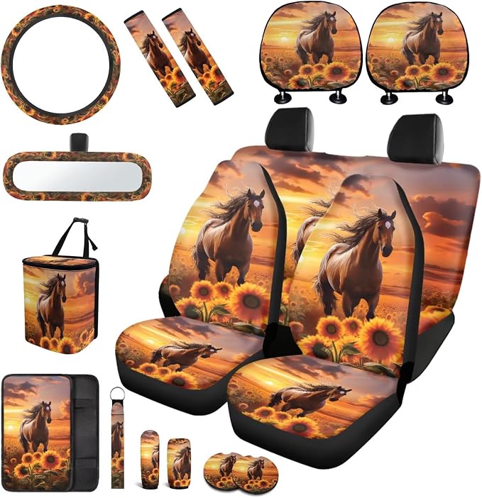 17 Pieces Horse Car Seat Covers Full Sets with Front and Split Rear Bench,Sunflower Car Accessories for Women Man,Automotive Interior with Auto Trash Bag Headrest Covers,Universal Fit