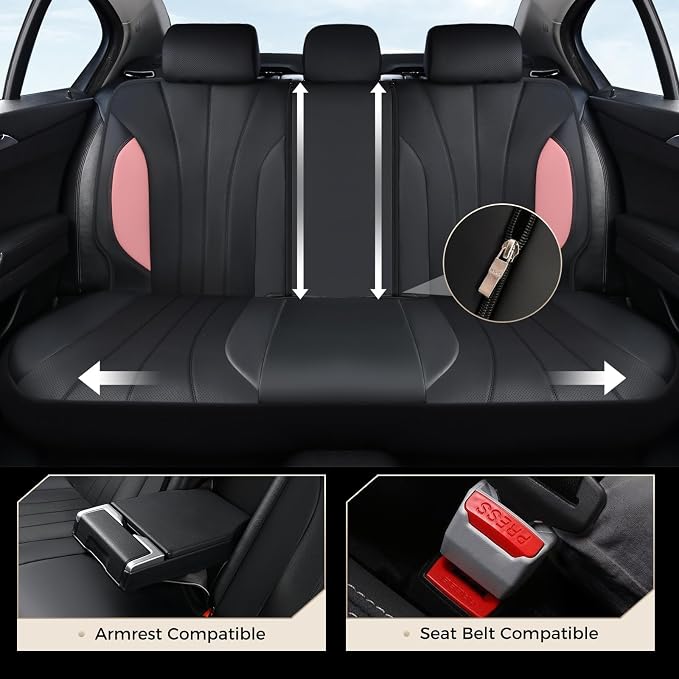 Coverado Car Seat Covers Full Set, 5 Seats Waterproof Nappa Leather Automotive Seat Protectors, Front & Rear Luxury Mesh Seat Covers, All-Weather Universal Fit for Most Cars SUVs, Trucks,Black&Pink