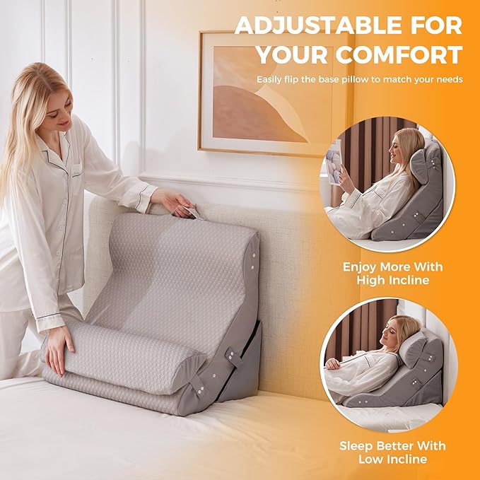 Ruqmuis 4PCS Wedge Pillow Set for After Surgery, Adjustable Back Pillow for Bed Sitting up, Acid Reflux, Bed Wedge Pillow Headboard for Sleeping & Snoring, Orthopedic Pillow for Post Surgery, Grey