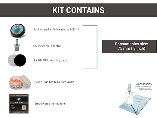 GLASS POLISH DIY 3” Windshield Polishing Kit with Enhanced Cerium Oxide Formula – Remove Wiper Blade Damage, Fine Scratches, Haziness, Water Spots – Restore Glass Clarity and Shine - GP21007