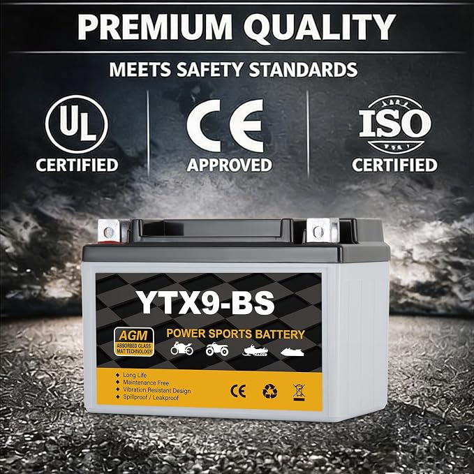 YTX9-BS Motorcycle Battery 12V 8Ah, 120 CCA Sealed AGM Rechargeable Maintenance Free Battery, Replacement for ATV, Scooter, Dirt Bike, ETX9, CTX9-BS