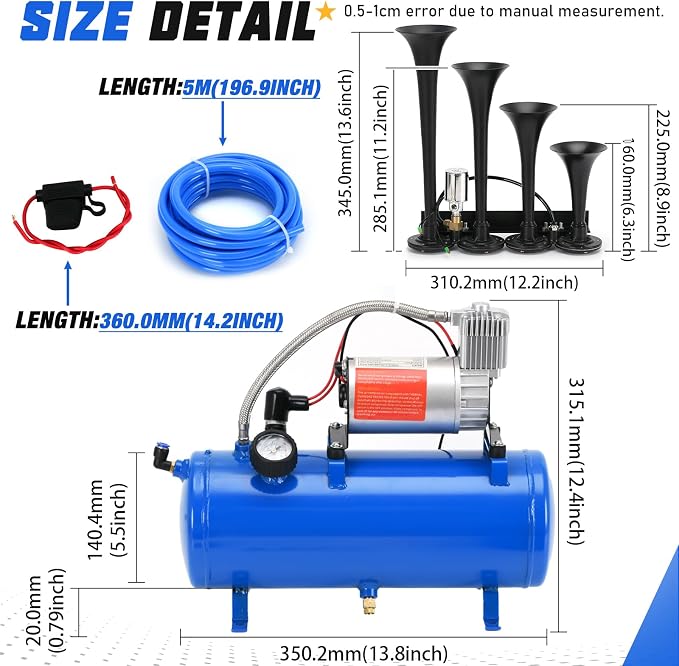 PTNHZ 150DB Train Horns Kit 12V 150PSI Air Compressor Tank Pump w/6 Liter 1.6 Gallon Tank + Super Loud Black 4 Single Row Trumpet For Train Truck Boat Pickup Motorhome