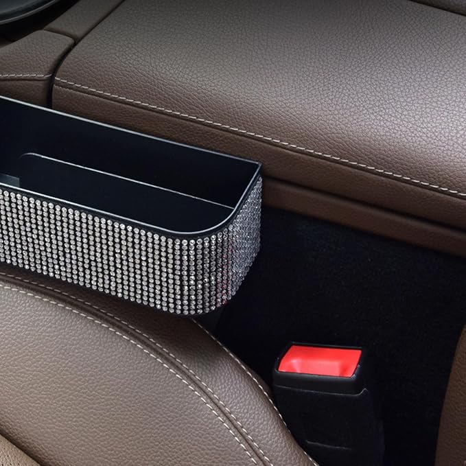 2 Pack Bling Bling Car Seat Organizer Front Seat Gap Filler with Crystal Rhinestones Diamond, PU Leather Car Seat Console Storage Organizer for Car Interior Accessories (2 Pack)