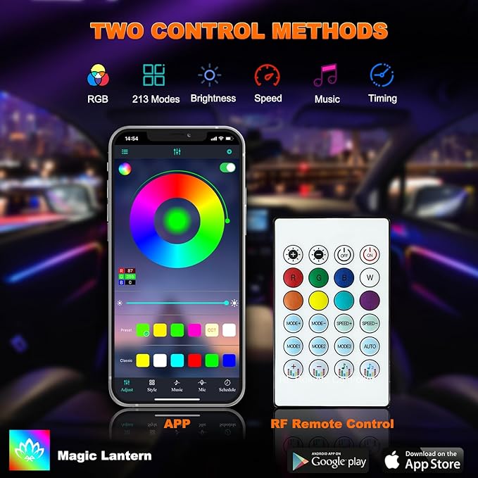 Jushope Interior Car LED Strip Lights, Acrylic LED Lights for Car with Dynamic Dreamcolor Chasing, Ambient Lighting Kits Music Sync Wireless APP and RF Remote Control (43.5+14.5'')