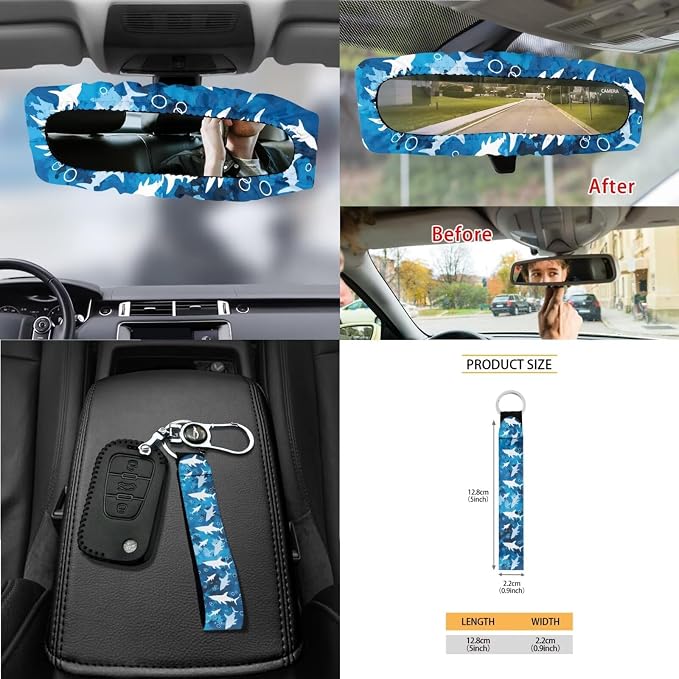 Shark Print Car Seat Cover Cute Full Set 15Pcs Car Accessories Universal Steering Wheel Cover Safety Belt Pads Rear View Mirror Protector Garbage Bag for Truck Sedan SUV Van