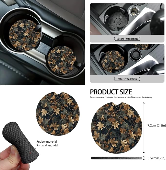 Hunting Camo Pattern Women’s 13 Pieces Car Accessories, 4 PCS Auto Seat Covers with Elastic Backing, 1 Piece Steering Wheel Cover, 4 Safe Belt Pads, 4 Cup Coasters as Gift for Family Friend