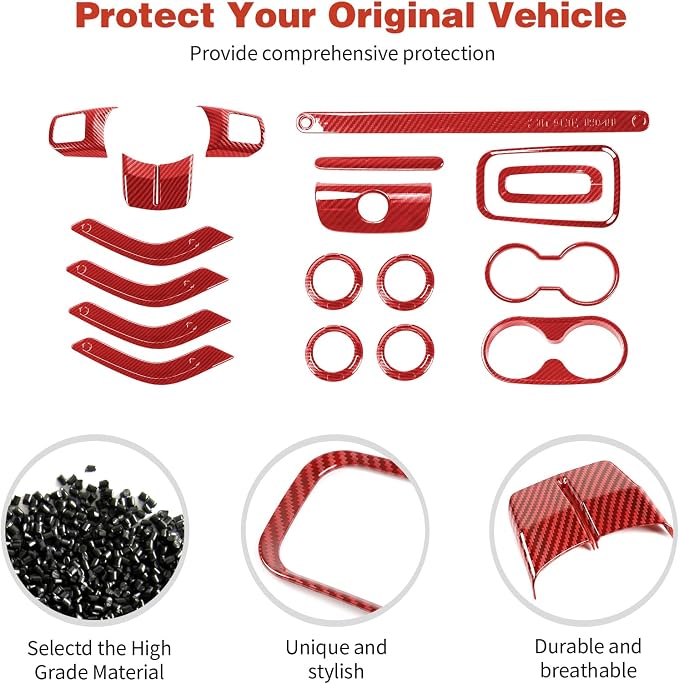 CheroCar 18PCS Interior Trim Kit for Jeep Wrangler JK JKU 2011-2018 4 Door,Steering Button Frame, Air Conditioning Vent Trim Cup Holder Cover,Gear Shift Knobs Frame,Red Carbon Fiber…