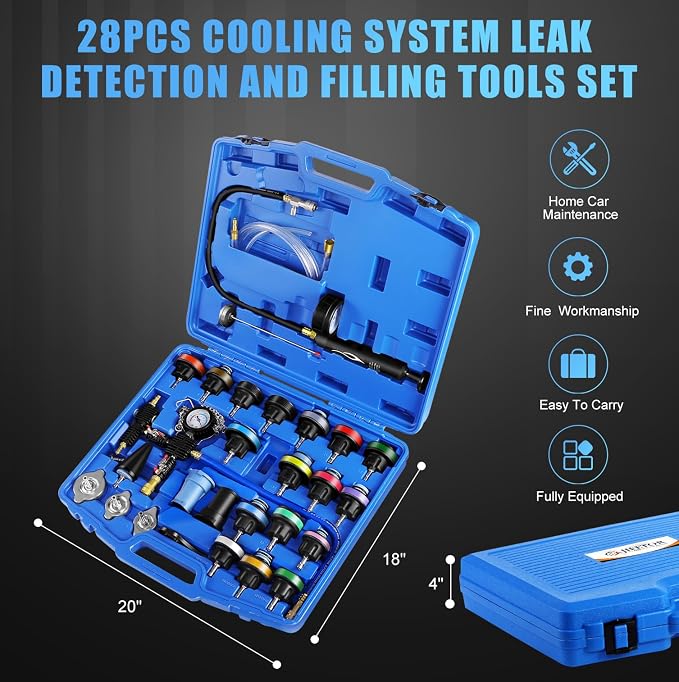 JIFETOR Radiator Coolant Pressure Tester Vacuum Refill Tool Kit, 28PCS Automotive Cooling System Leak Test and Pneumatic Purge Fill Set with Testing Adapter Caps Universal for Airlift Car Auto Truck