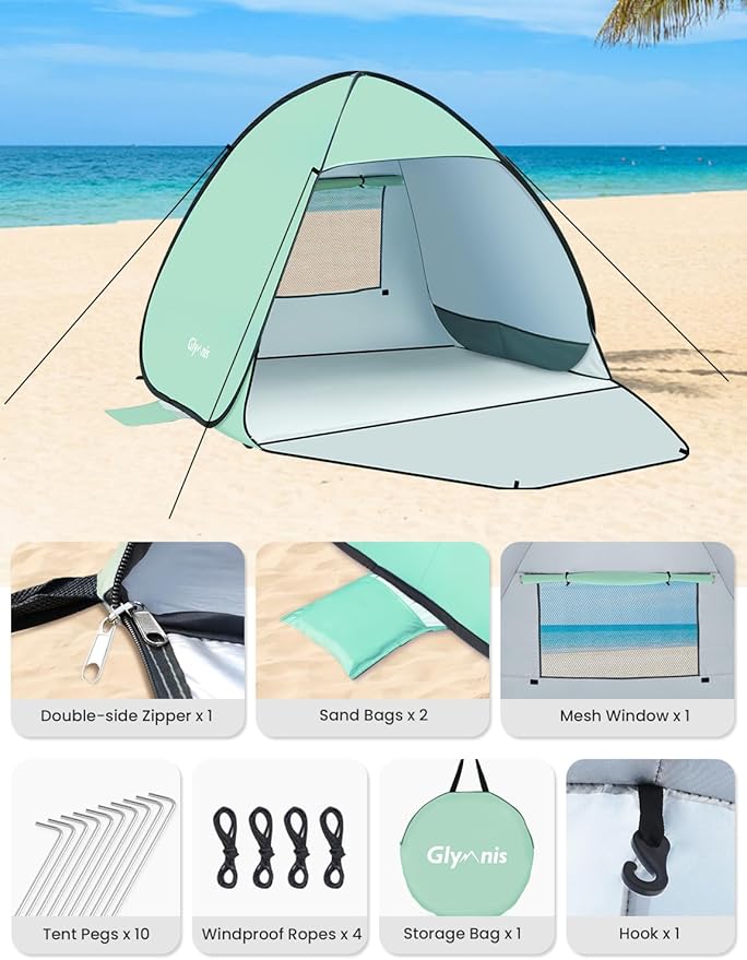 Glymnis Pop Up Beach Tent Beach Shade Tent for 1-4 Persons Sun Shelter UPF 50+ Enclose Zipper Door Portable Easy Up Beach Tent