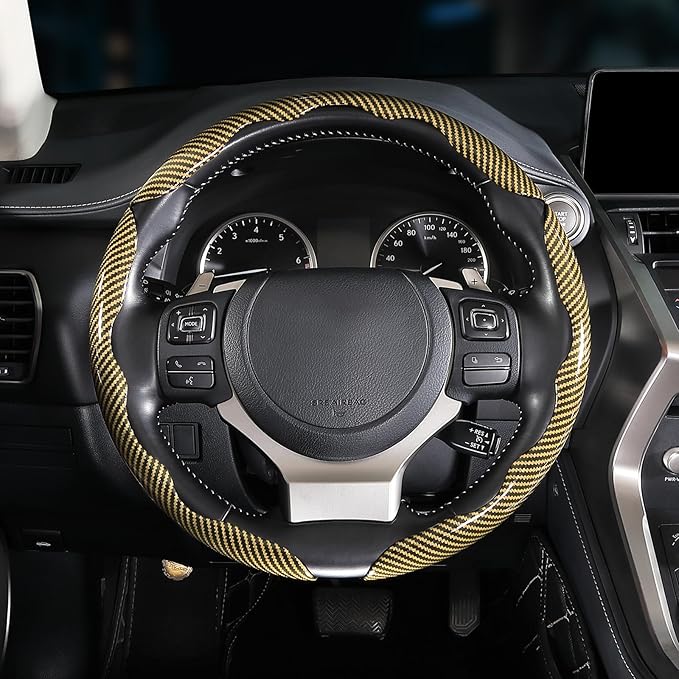 Carbon Fiber Steering Wheel Covers 3 Piece Clip on Steering Wheel Cover (Yellow)