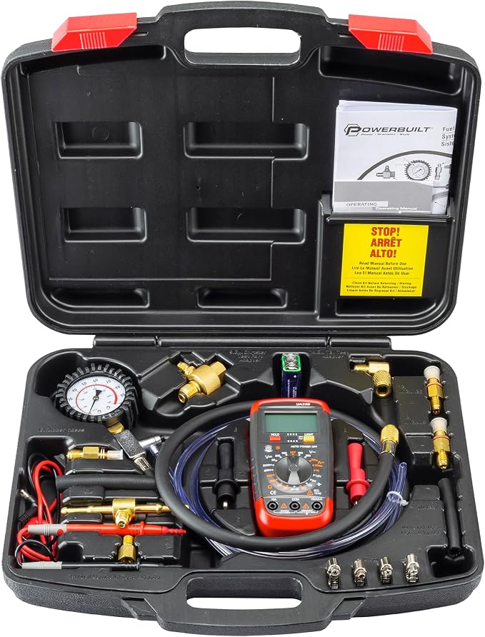 Powerbuilt Fuel System Diagnostic Kit, Pressure Test Gauge, Electrical System Issues, Adapters, Test Leads, Multimeter, Storage Case - 647959