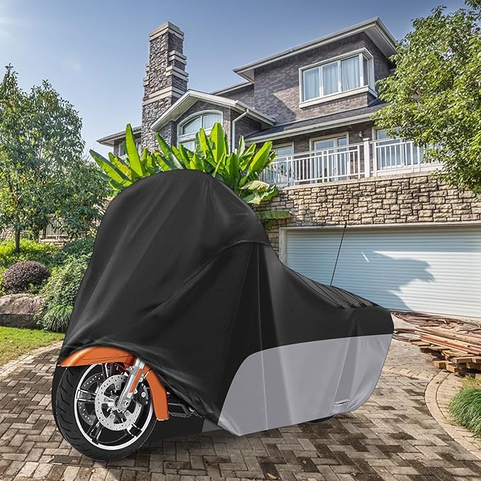 Motorcycle Cover for Touring Models Harley Davidson Road King Road Glide Street Glide Electra Glide Low Rider-ST Indoor & Outdoor All Weather Protection with Vents (Black&Grey)