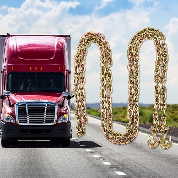 3/8 Inch x 16 Feet Transport Binder Chain G80 Safey Tow Chain with Grab Hooks 7100 Lbs Safe Work Load for Transporting Towing Tie Down Binding Equipment