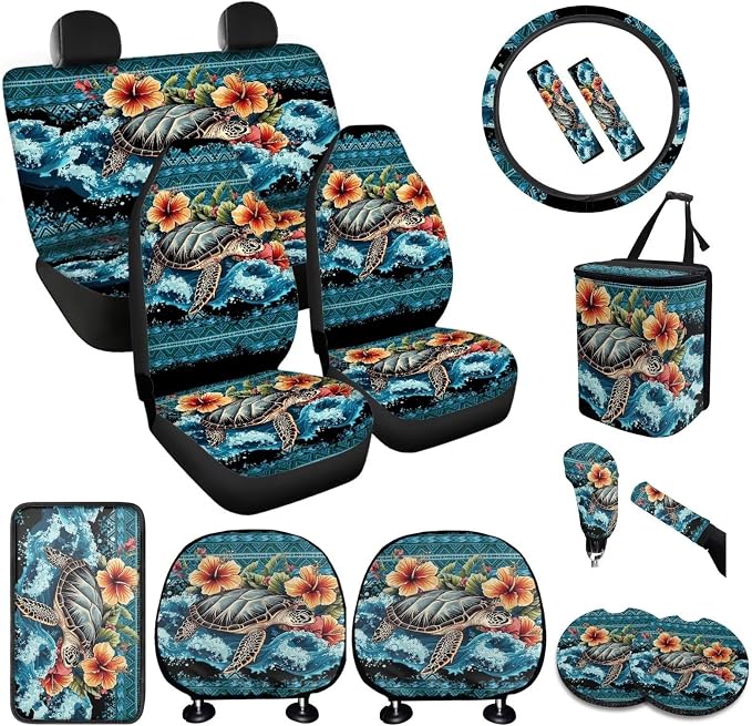 BIGCARJOB Floral Sea Turtle Print Car Seat Covers - Full Set with Rear & Front Seat Protectors, Headrest Covers, Trash Can - 15 Pack