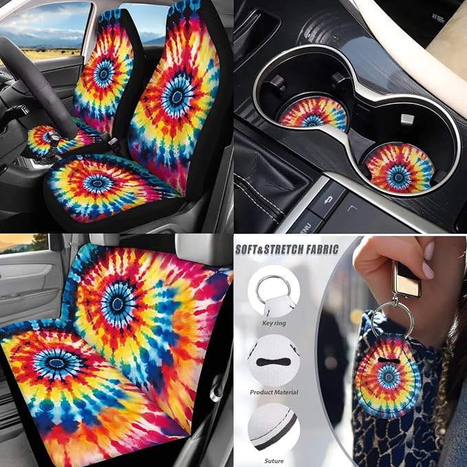 17Pcs Tie Dye Car Seat Covers Full Set with Front and Split Rear Bench,Steering Wheel Cover,Heavy Duty Floor Mats Colorful Tie Dye Car Accessories for Women Universal Fitf or Most Car SUV