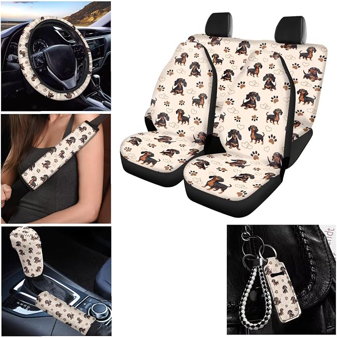 Cartoon Car Seat Covers for Women, Dachshund Bench Split Covers Full Set for Adult Car Steering Wheel Cover with Shoulder Straps Cover and 2Pcs Coasters Key Chains